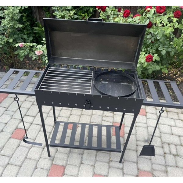 Мангал-гриль з кришкою 3 мм на 12 шампурів, решіткою, підставкою, столиками