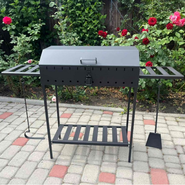Мангал-гриль з кришкою 3 мм на 12 шампурів, решіткою, підставкою, столиками
