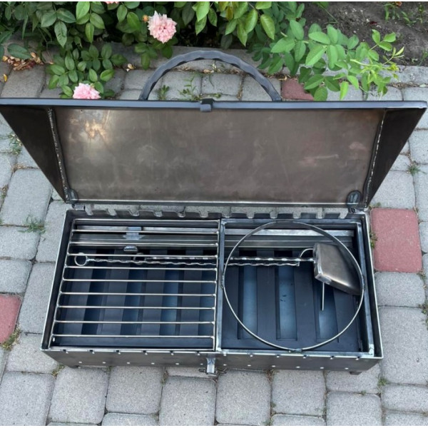 Мангал-гриль з кришкою 3 мм на 12 шампурів, решіткою, підставкою, столиками