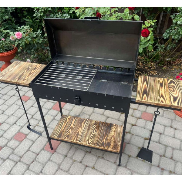 Мангал-гриль з кришкою 3 мм на 12 шампурів з решіткою-гриль та столиками