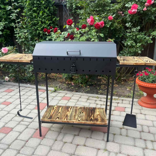 Мангал-гриль з кришкою 3 мм на 12 шампурів з решіткою-гриль та столиками