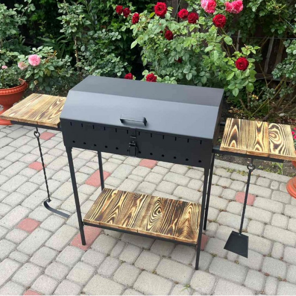 Мангал-гриль з кришкою 3 мм на 12 шампурів з решіткою-гриль та столиками