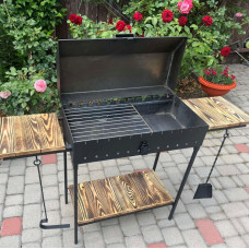 Мангал-гриль з кришкою 3 мм на 12 шампурів з решіткою-гриль та столиками