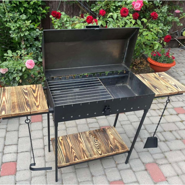 Мангал-гриль с крышкой 3 мм на 12 шампуров с решеткой-гриль и столиками