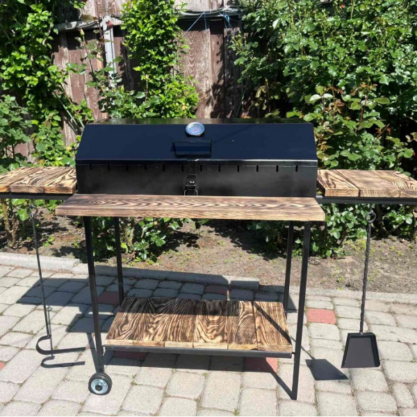 Мангал-гриль с крышкой 4 мм и 12 шампуров, решеткой и столиками