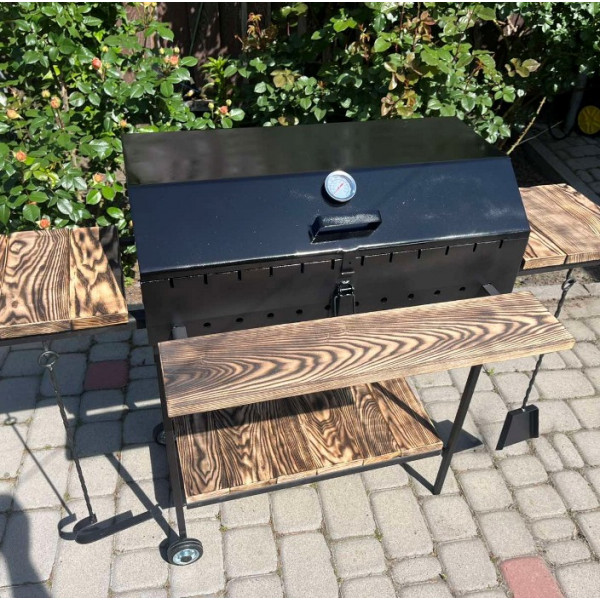 Мангал-гриль с крышкой 4 мм и 12 шампуров, решеткой и столиками