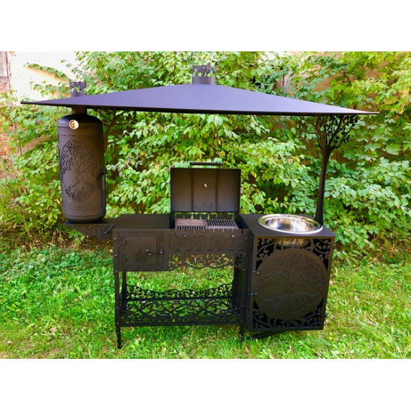 Мангал с коптильней, печкой и мойкой DE LUXE