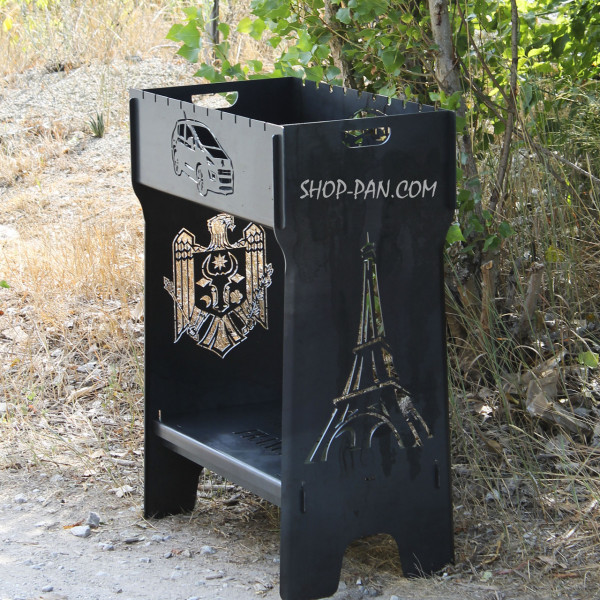 Мангал разборный высокий на 10 шампуров с подставкой для дров и индивидуальной гравировкой.