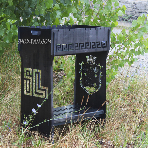 Мангал разборный высокий на 10 шампуров с подставкой для дров и индивидуальной гравировкой.