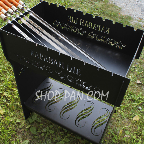 Мангал разборный высокий на 10 шампуров с подставкой для дров и индивидуальной гравировкой - Герб