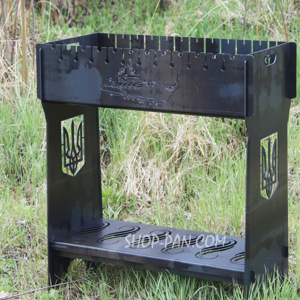 Мангал разборный высокий на 12 шампуров с подставкой для дров и индивидуальной гравировкой - русский военный к