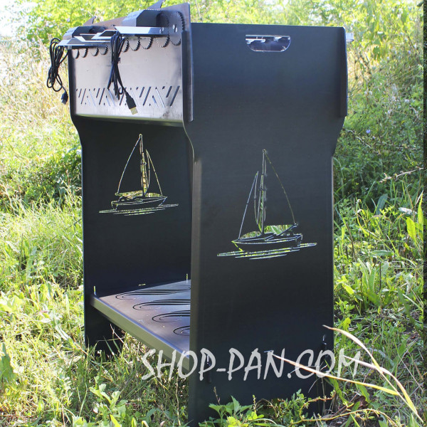 Мангал разборный высокий со встроенной шашлычницей и мотором на 10 шампуров.