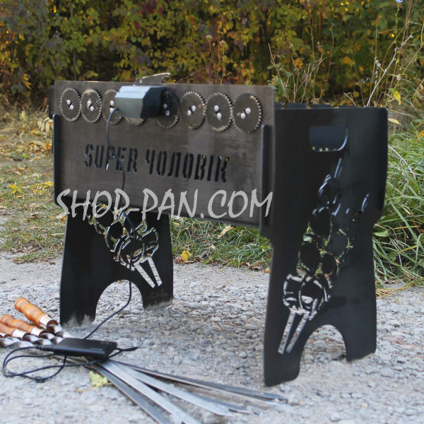 Мангал со встроенной шашлычницей и мотором на 10 шт с гравировкой – Украина!