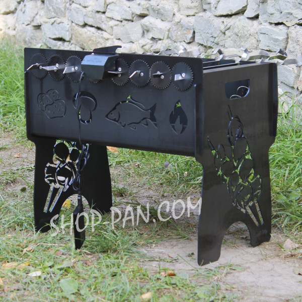 Мангал со встроенной шашлычницей и мотором на 8 шт с гравировкой.