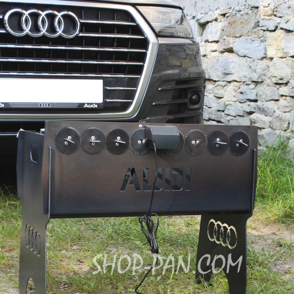 Мангал со встроенной шашлычницей и мотором на 8 шт с гравировкой.