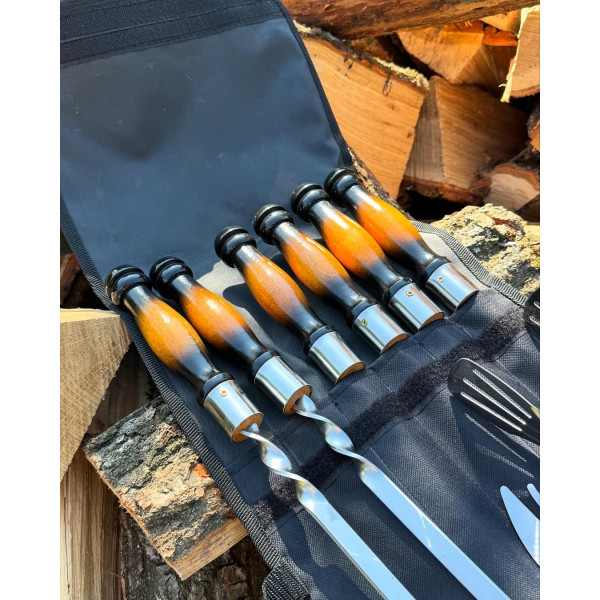 Набор: 6 шампуров + вилка для снятия мяса + щипцы + чехол