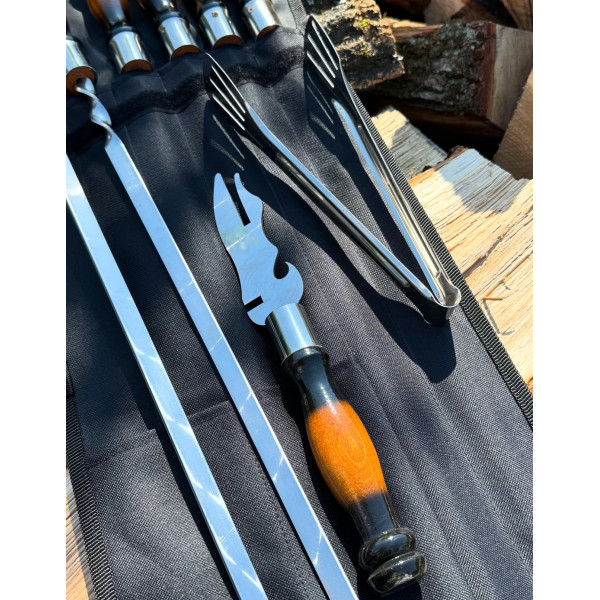 Набор: 6 шампуров + вилка для снятия мяса + щипцы + чехол