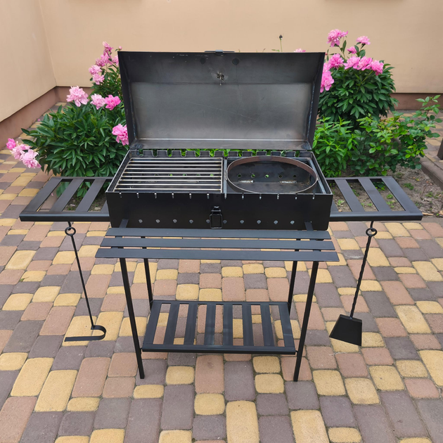 Мангал-гриль з кришкою 4 мм на 12 шампурів решіткою, підставкою, столиками