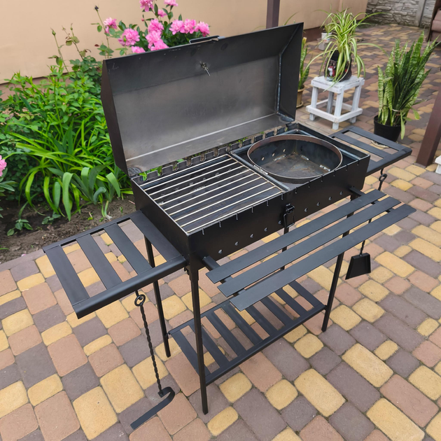 Мангал-гриль с крышкой 4 мм на 12 шампуров решеткой, подставкой, столиками