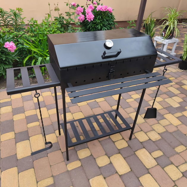 Мангал-гриль с крышкой 4 мм на 12 шампуров решеткой, подставкой, столиками